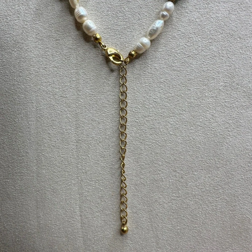 Women Necklace Green White Freshwater Pearl Aventurine Boho Coastal Gold Earthy